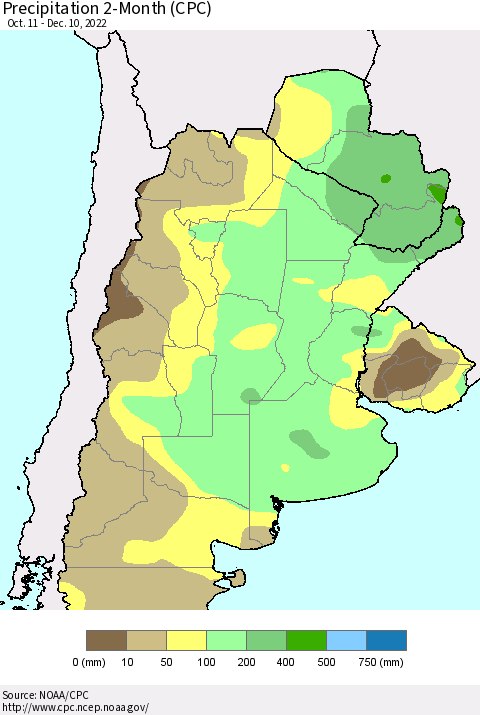 Southern South America Precipitation 2-Month (CPC) Thematic Map For 10/11/2022 - 12/10/2022