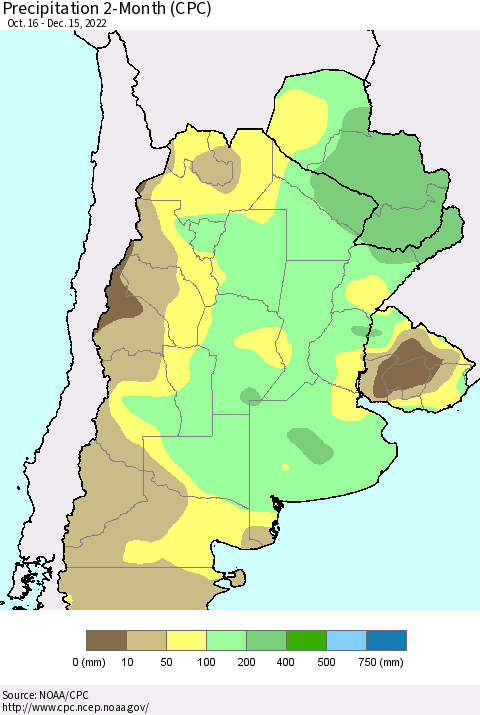 Southern South America Precipitation 2-Month (CPC) Thematic Map For 10/16/2022 - 12/15/2022