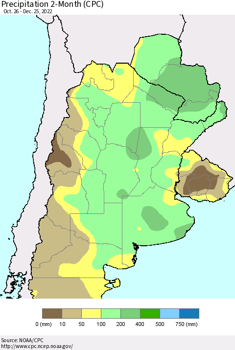Southern South America Precipitation 2-Month (CPC) Thematic Map For 10/26/2022 - 12/25/2022