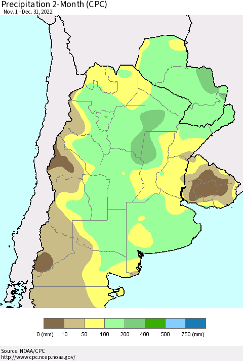 Southern South America Precipitation 2-Month (CPC) Thematic Map For 11/1/2022 - 12/31/2022