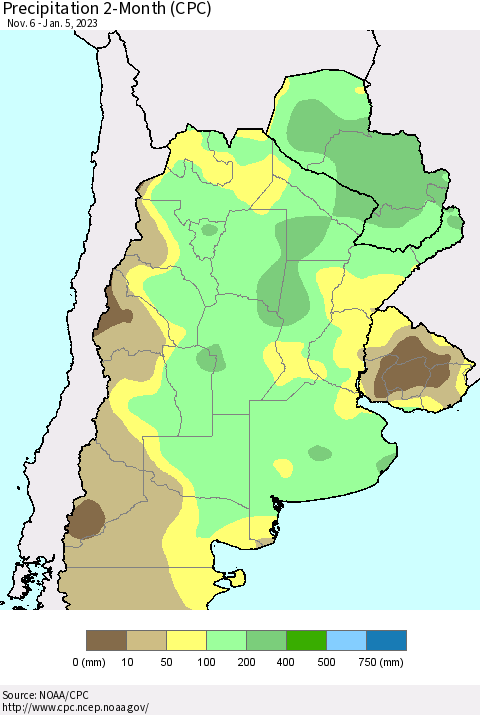 Southern South America Precipitation 2-Month (CPC) Thematic Map For 11/6/2022 - 1/5/2023