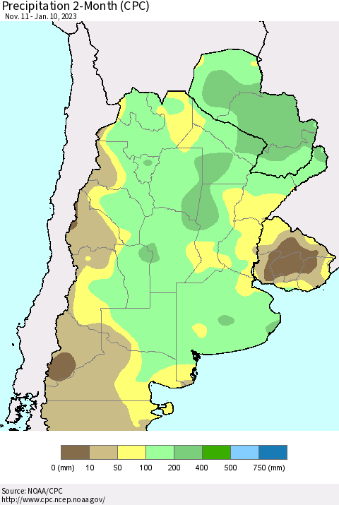 Southern South America Precipitation 2-Month (CPC) Thematic Map For 11/11/2022 - 1/10/2023