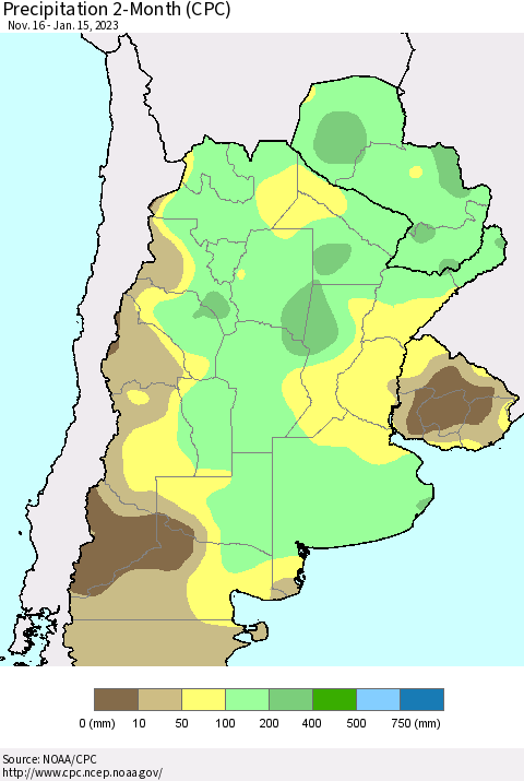 Southern South America Precipitation 2-Month (CPC) Thematic Map For 11/16/2022 - 1/15/2023