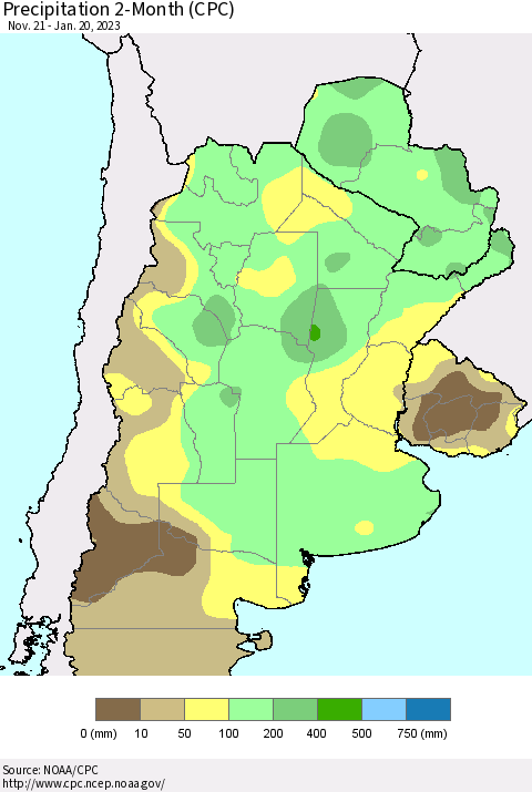 Southern South America Precipitation 2-Month (CPC) Thematic Map For 11/21/2022 - 1/20/2023