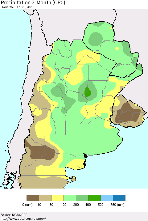 Southern South America Precipitation 2-Month (CPC) Thematic Map For 11/26/2022 - 1/25/2023