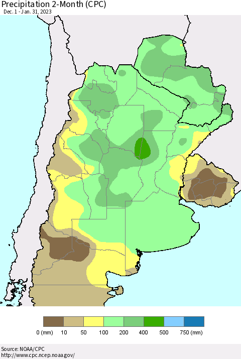 Southern South America Precipitation 2-Month (CPC) Thematic Map For 12/1/2022 - 1/31/2023