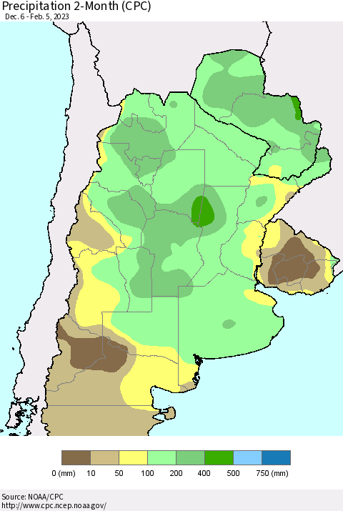 Southern South America Precipitation 2-Month (CPC) Thematic Map For 12/6/2022 - 2/5/2023