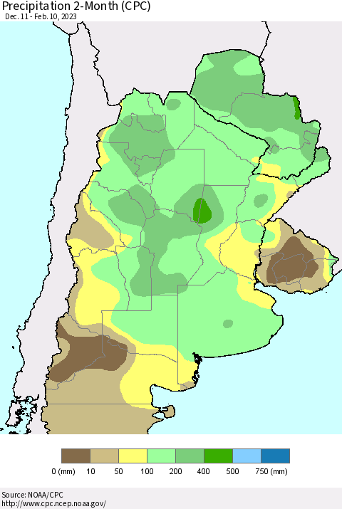 Southern South America Precipitation 2-Month (CPC) Thematic Map For 12/11/2022 - 2/10/2023