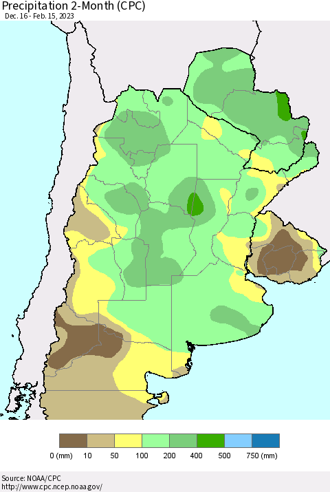 Southern South America Precipitation 2-Month (CPC) Thematic Map For 12/16/2022 - 2/15/2023