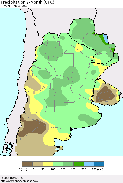 Southern South America Precipitation 2-Month (CPC) Thematic Map For 12/21/2022 - 2/20/2023