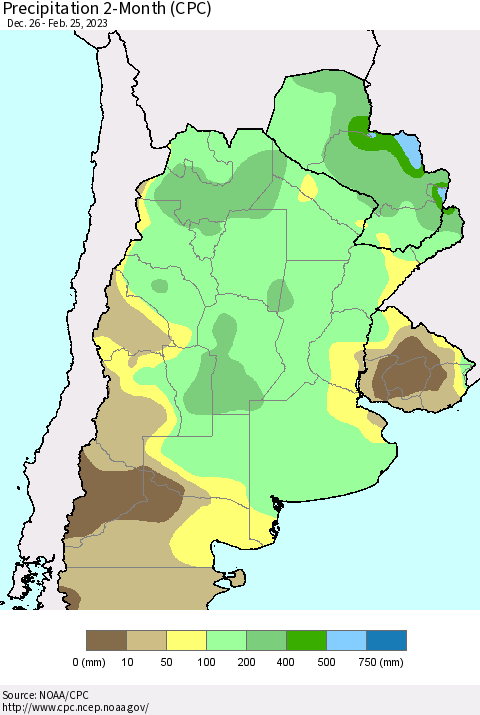 Southern South America Precipitation 2-Month (CPC) Thematic Map For 12/26/2022 - 2/25/2023