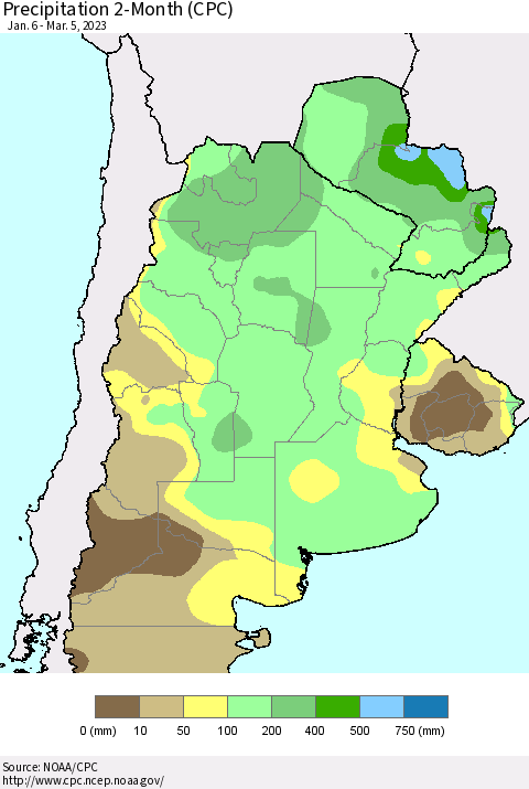 Southern South America Precipitation 2-Month (CPC) Thematic Map For 1/6/2023 - 3/5/2023