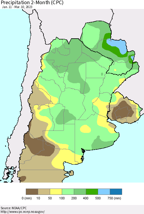 Southern South America Precipitation 2-Month (CPC) Thematic Map For 1/11/2023 - 3/10/2023