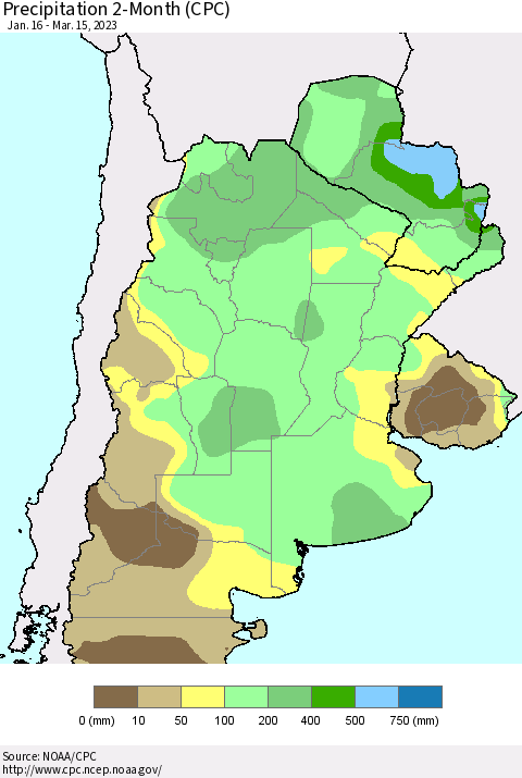Southern South America Precipitation 2-Month (CPC) Thematic Map For 1/16/2023 - 3/15/2023