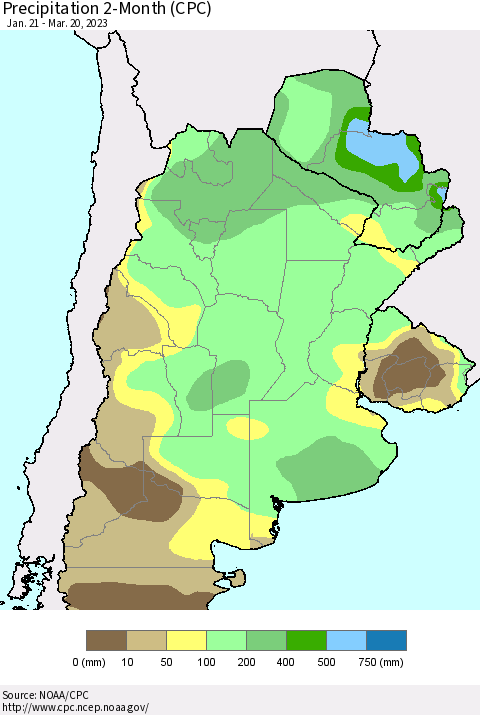 Southern South America Precipitation 2-Month (CPC) Thematic Map For 1/21/2023 - 3/20/2023