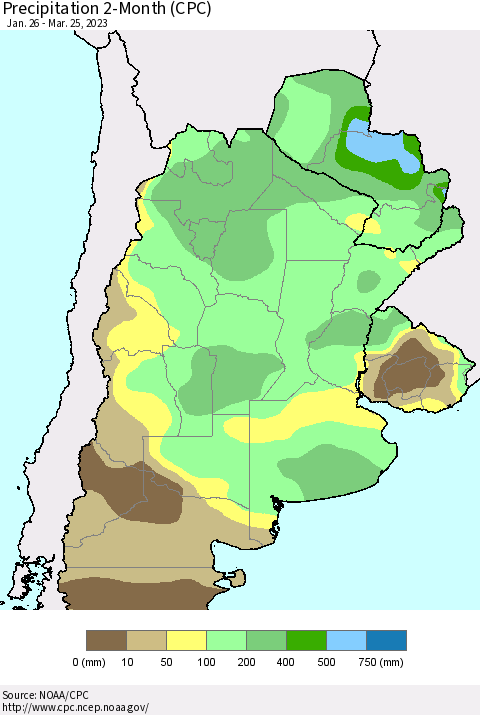 Southern South America Precipitation 2-Month (CPC) Thematic Map For 1/26/2023 - 3/25/2023