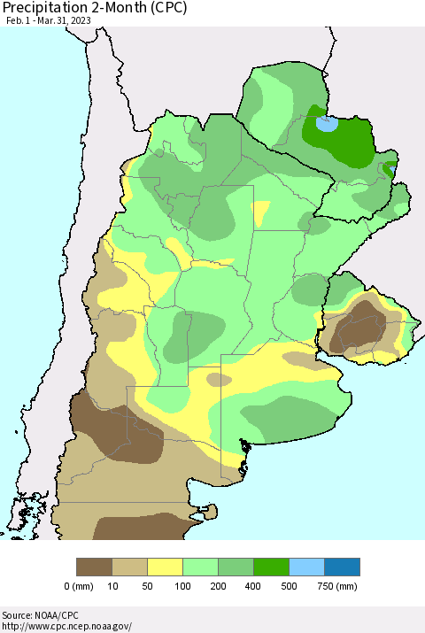 Southern South America Precipitation 2-Month (CPC) Thematic Map For 2/1/2023 - 3/31/2023