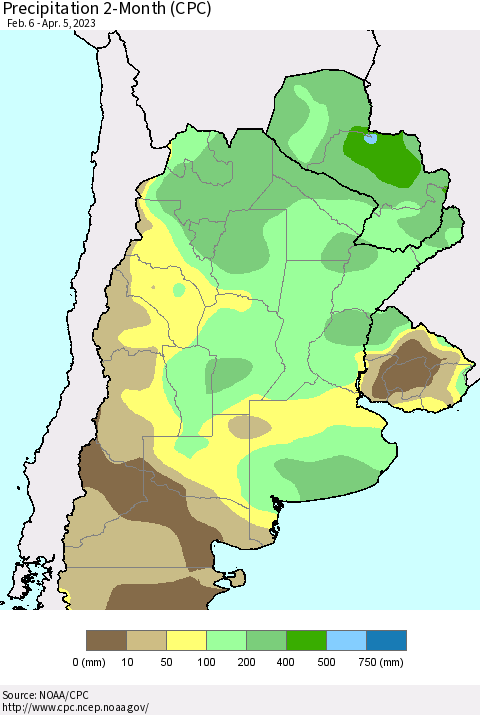 Southern South America Precipitation 2-Month (CPC) Thematic Map For 2/6/2023 - 4/5/2023
