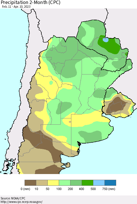 Southern South America Precipitation 2-Month (CPC) Thematic Map For 2/11/2023 - 4/10/2023