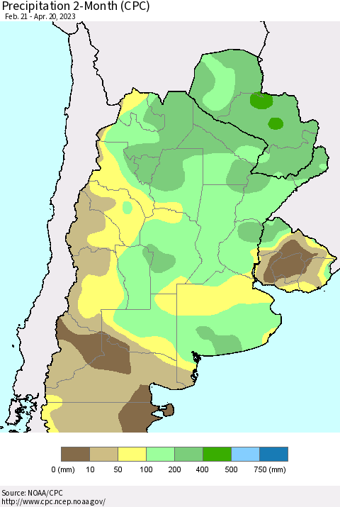Southern South America Precipitation 2-Month (CPC) Thematic Map For 2/21/2023 - 4/20/2023