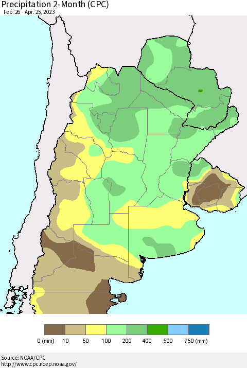 Southern South America Precipitation 2-Month (CPC) Thematic Map For 2/26/2023 - 4/25/2023