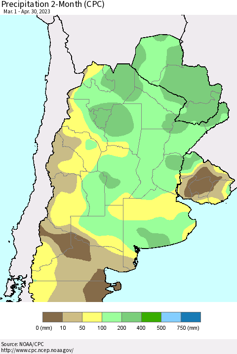 Southern South America Precipitation 2-Month (CPC) Thematic Map For 3/1/2023 - 4/30/2023
