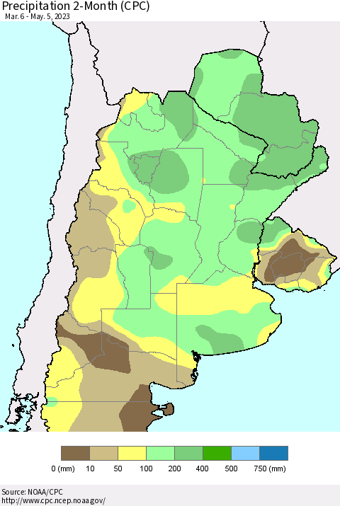 Southern South America Precipitation 2-Month (CPC) Thematic Map For 3/6/2023 - 5/5/2023