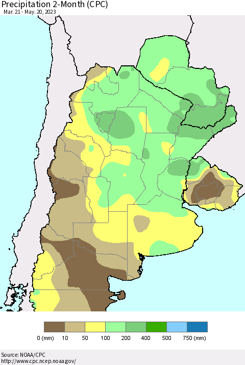 Southern South America Precipitation 2-Month (CPC) Thematic Map For 3/21/2023 - 5/20/2023