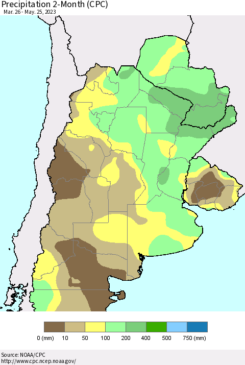 Southern South America Precipitation 2-Month (CPC) Thematic Map For 3/26/2023 - 5/25/2023