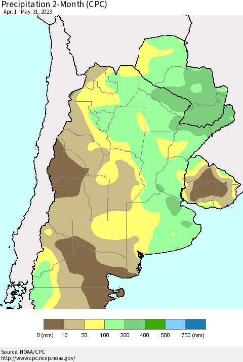 Southern South America Precipitation 2-Month (CPC) Thematic Map For 4/1/2023 - 5/31/2023