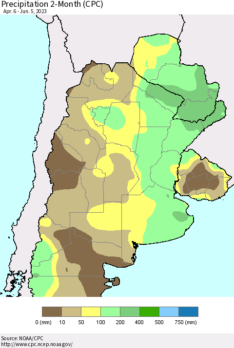 Southern South America Precipitation 2-Month (CPC) Thematic Map For 4/6/2023 - 6/5/2023