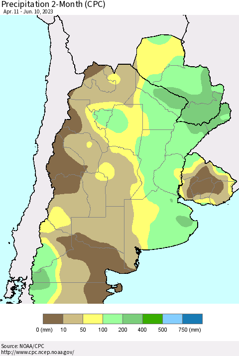 Southern South America Precipitation 2-Month (CPC) Thematic Map For 4/11/2023 - 6/10/2023