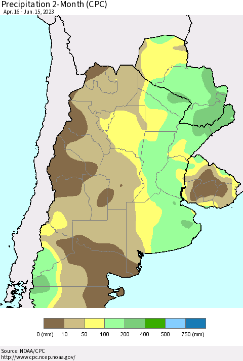 Southern South America Precipitation 2-Month (CPC) Thematic Map For 4/16/2023 - 6/15/2023