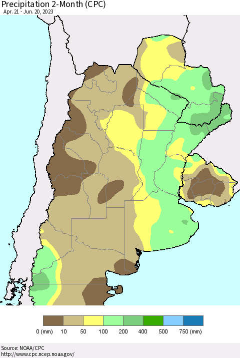 Southern South America Precipitation 2-Month (CPC) Thematic Map For 4/21/2023 - 6/20/2023