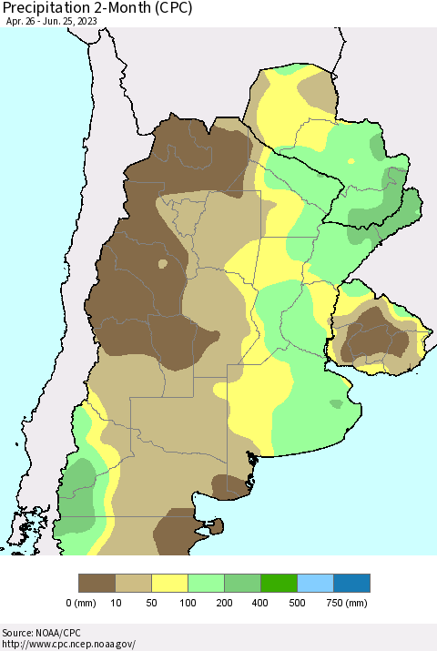 Southern South America Precipitation 2-Month (CPC) Thematic Map For 4/26/2023 - 6/25/2023