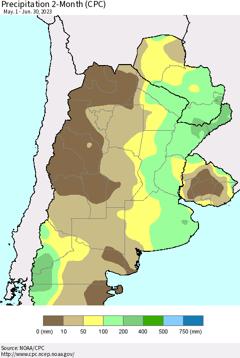 Southern South America Precipitation 2-Month (CPC) Thematic Map For 5/1/2023 - 6/30/2023