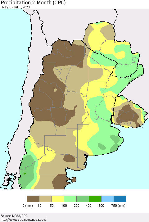 Southern South America Precipitation 2-Month (CPC) Thematic Map For 5/6/2023 - 7/5/2023