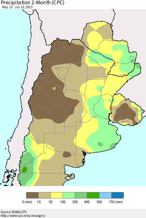 Southern South America Precipitation 2-Month (CPC) Thematic Map For 5/11/2023 - 7/10/2023