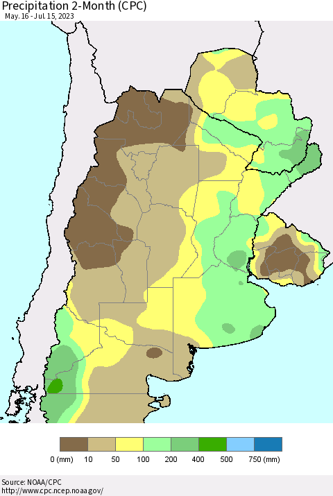 Southern South America Precipitation 2-Month (CPC) Thematic Map For 5/16/2023 - 7/15/2023