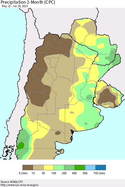 Southern South America Precipitation 2-Month (CPC) Thematic Map For 5/21/2023 - 7/20/2023