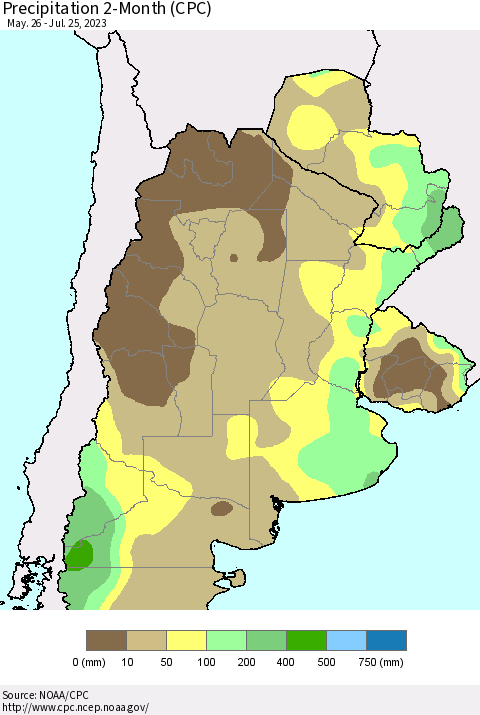Southern South America Precipitation 2-Month (CPC) Thematic Map For 5/26/2023 - 7/25/2023