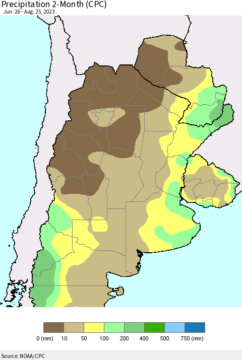Southern South America Precipitation 2-Month (CPC) Thematic Map For 6/26/2023 - 8/25/2023