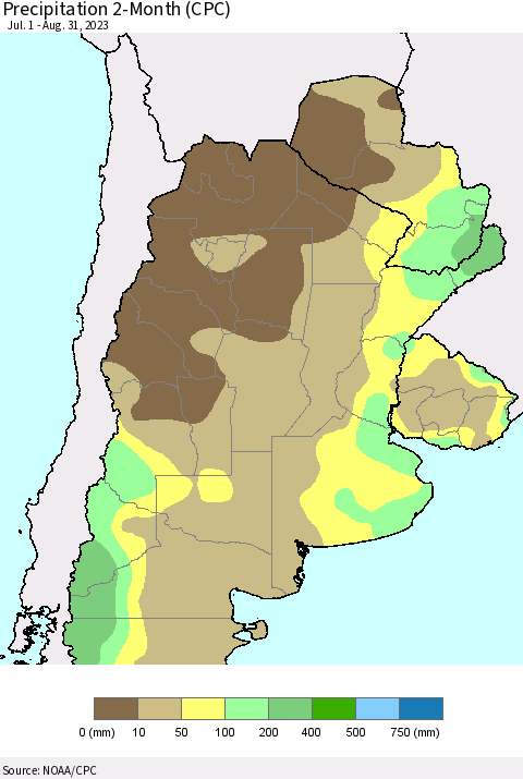 Southern South America Precipitation 2-Month (CPC) Thematic Map For 7/1/2023 - 8/31/2023