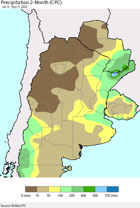 Southern South America Precipitation 2-Month (CPC) Thematic Map For 7/6/2023 - 9/5/2023