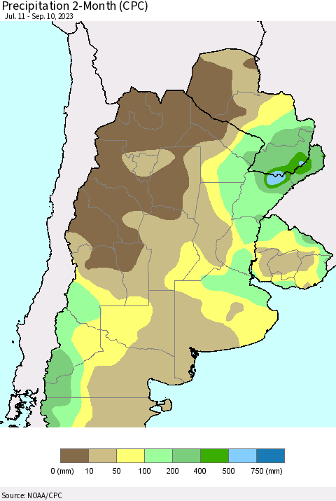 Southern South America Precipitation 2-Month (CPC) Thematic Map For 7/11/2023 - 9/10/2023
