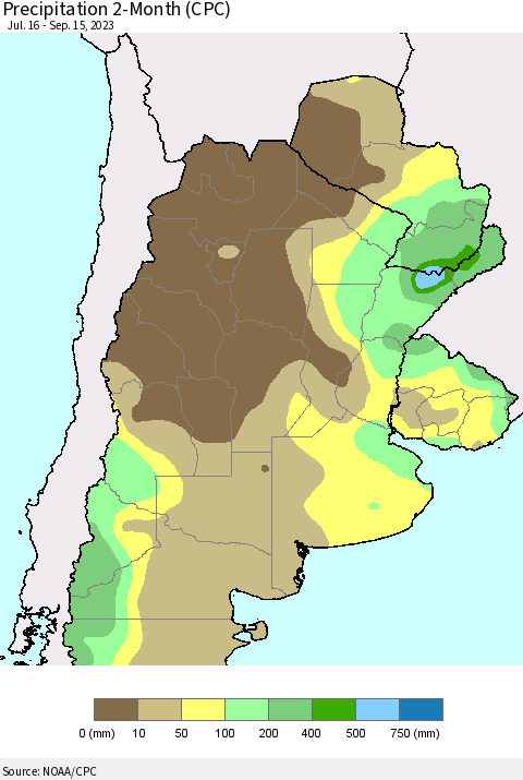 Southern South America Precipitation 2-Month (CPC) Thematic Map For 7/16/2023 - 9/15/2023