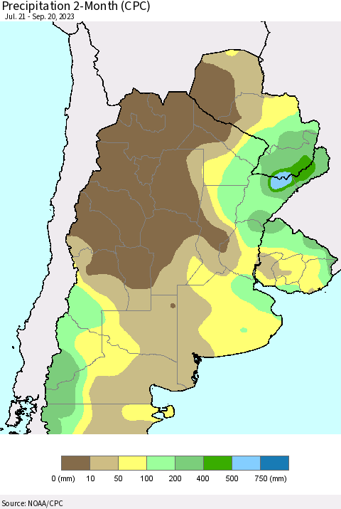 Southern South America Precipitation 2-Month (CPC) Thematic Map For 7/21/2023 - 9/20/2023