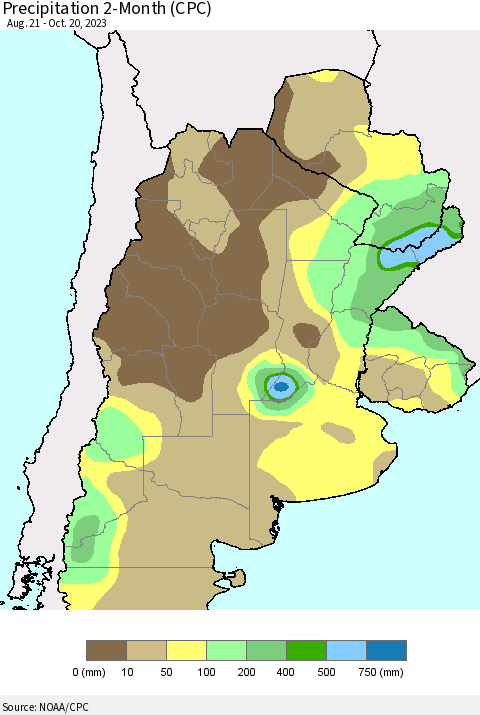 Southern South America Precipitation 2-Month (CPC) Thematic Map For 8/21/2023 - 10/20/2023
