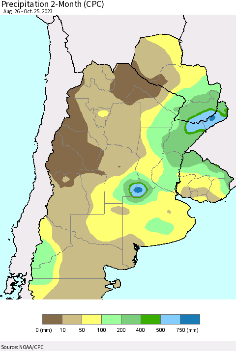 Southern South America Precipitation 2-Month (CPC) Thematic Map For 8/26/2023 - 10/25/2023