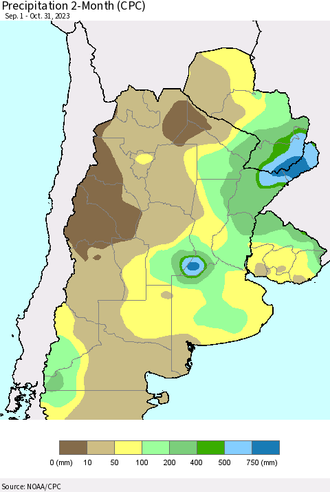 Southern South America Precipitation 2-Month (CPC) Thematic Map For 9/1/2023 - 10/31/2023